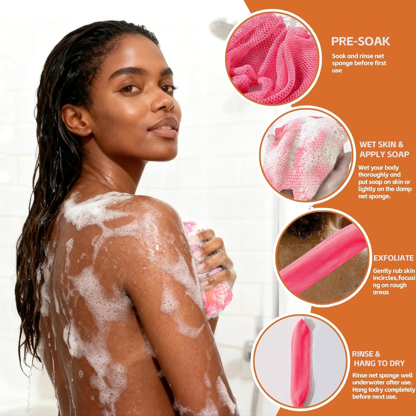 African Net Sponge Authentic - 3 Pieces Long African Exfoliating Net, African Bath Sponge Body Scrubber Washcloth for Shower, Real African Loofah Back Scrubber for Women Men All Skin Types