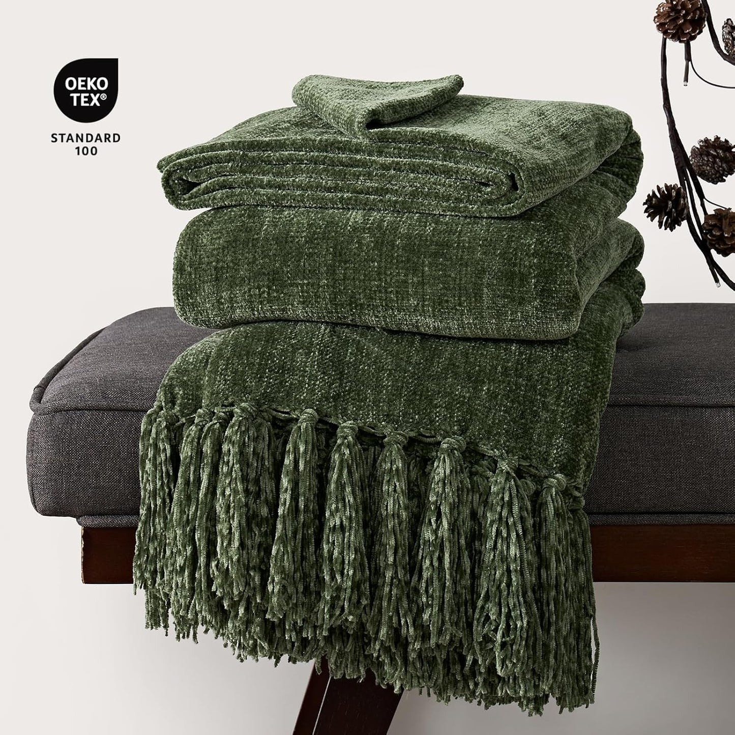 EVERGRACE Soft Chenille Throw Blanket for Couch, Cozy Plush Fuzzy Decorative Chenille Knit Throw Blanket with Tassels, Lightweight Blanket and Throws for Bed Sofa Gift Home Decor, Olive Green 60"x80"