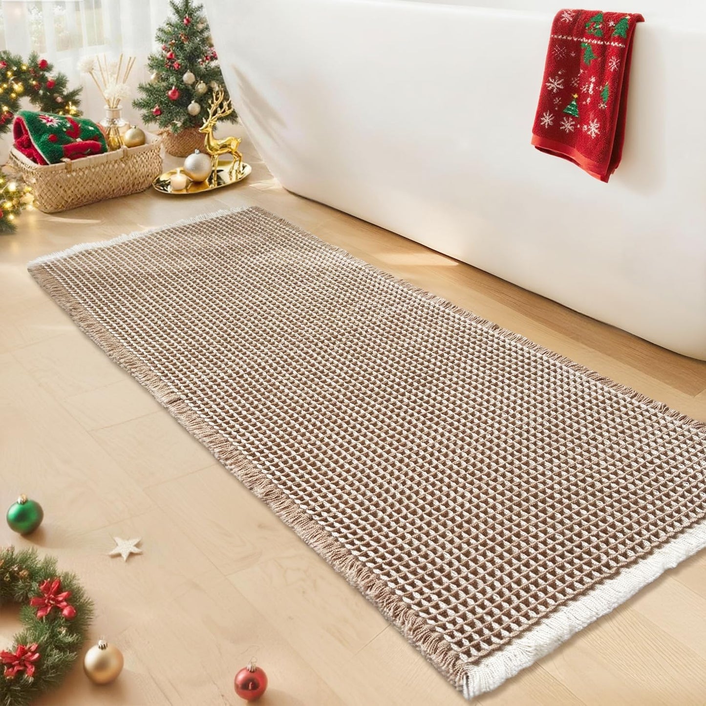 Waffle Bath Mat - Boho Bathroom Rugs Non Slip Washable, Super Absorbent & Quick Dry, Soft Bath Mat Farmhouse Bathroom Decor, 20'' x 48'', Khaki and White