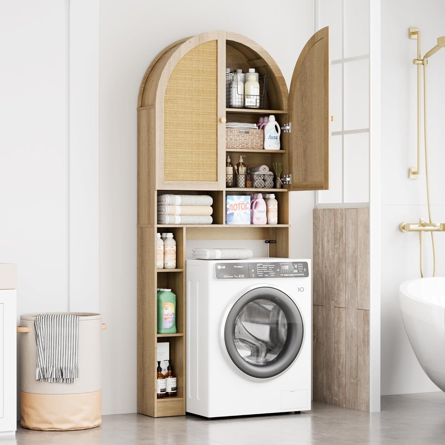 Over The Toilet Storage Cabinet, 29.7”W Modern Storage Cabinet Over Toilet with Rattan Doors, Arched Freestanding Over Toilet Rack with Adjustable Shelf for Bathroom, Nature
