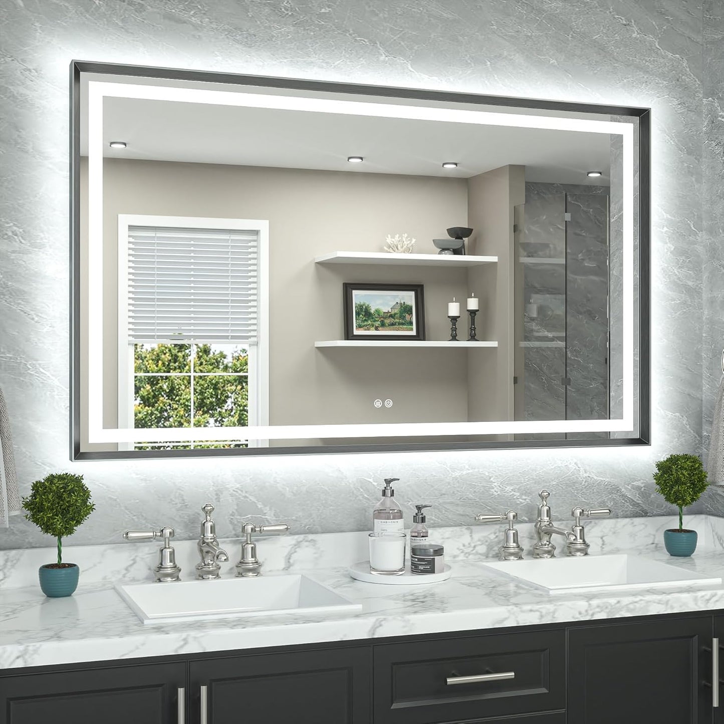 TETOTE 60 x 36 Bathroom LED Mirror Brushed Gunmetal Gray Frame Frontlit & Backlit Vanity Mirror Anti-Fog Stepless Dimmable 3 Colors White/Warm/Natural Wall-Mounted