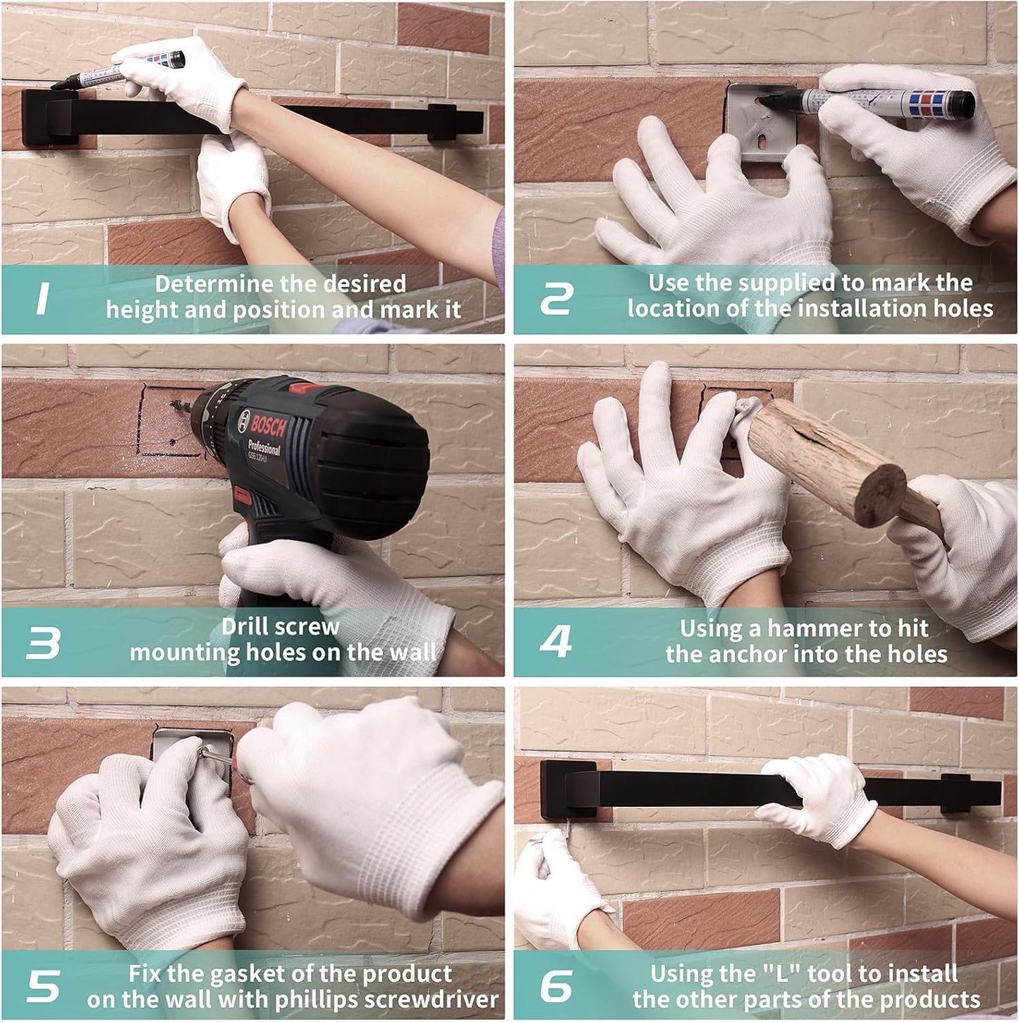 5-Piece Bathroom Hardware Set - Black Towel Bar Set with 2 Towel Hooks, Stainless Steel Wall Mounted Bathroom Towel Rack - Square, 16-Inch