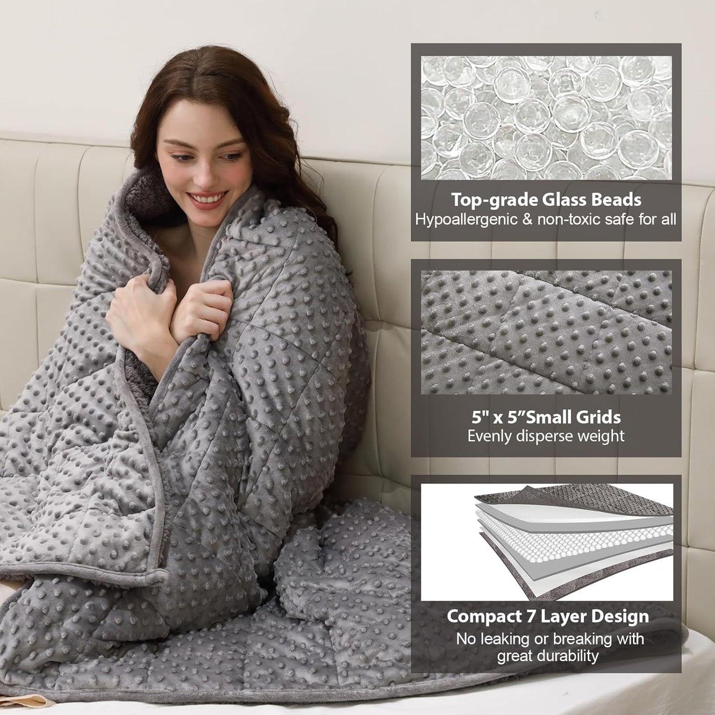 Minky Dot Weighted Blanket for Adults Queen Size 20 lbs, Soft Cozy Heavy Blanket for Stress Relief and Sleep Promotion, Warm Blanket for Autumn Winter with Glass Beads, Grey 60 x 80 inches