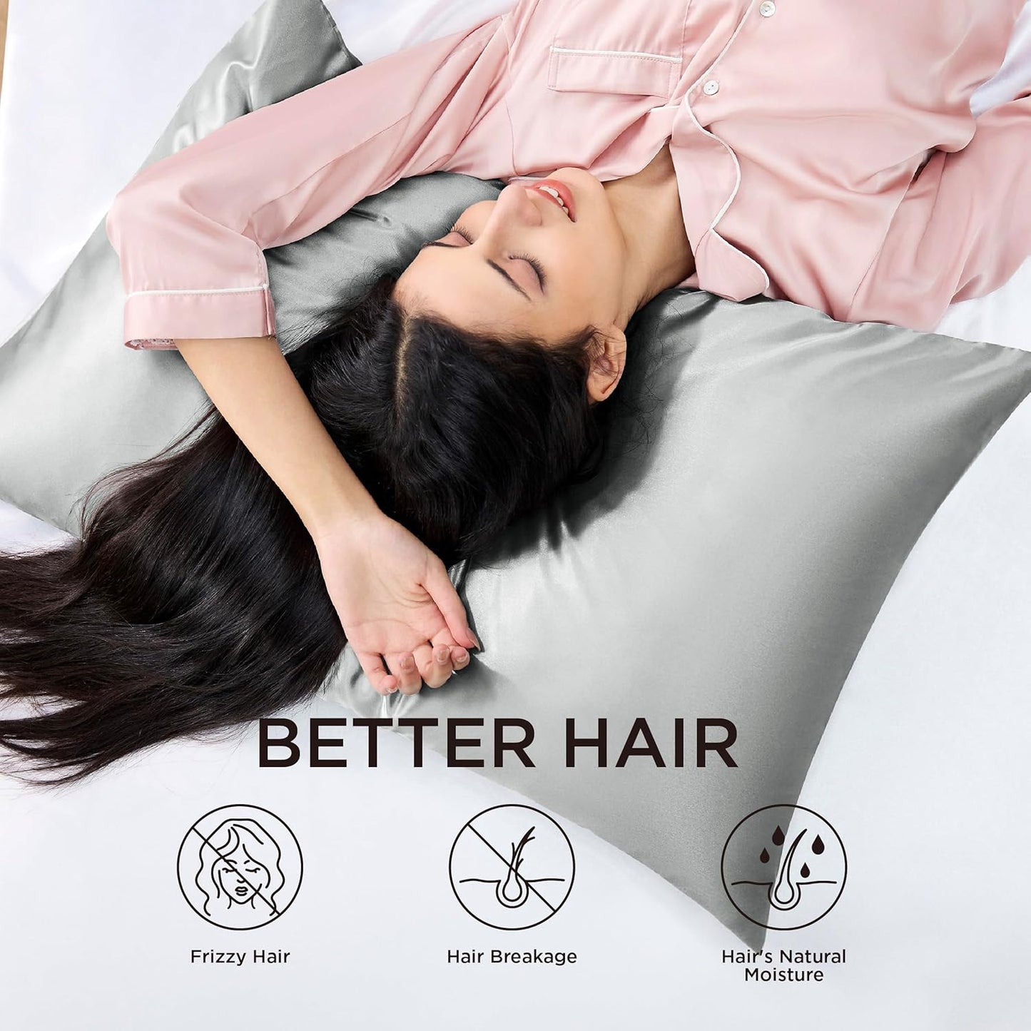 Bedsure Satin Pillowcase with Zipper, Similar to Silk Pillow Cases 2 Pack, Grey Satin Pillow Cases Standard Size, Silky & Soft Pillow Covers for Hair and Skin, Gifts for Women Men, 20x26 Inches
