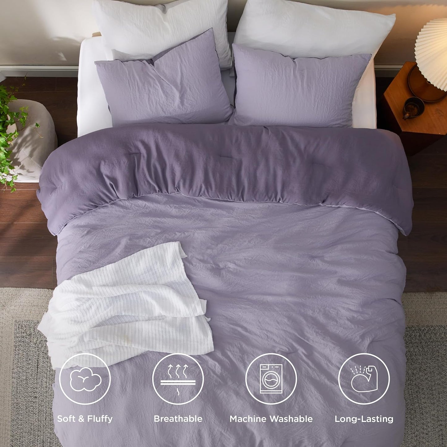 Bedsure Queen Size Comforter Set, Reversible Purple Soft Prewashed Bedding for All Seasons, 3 Pieces Warm Down Alternative Bed Set, 1 Lightweight Comforter (90"x90") and 2 Pillowcases (20"x26")