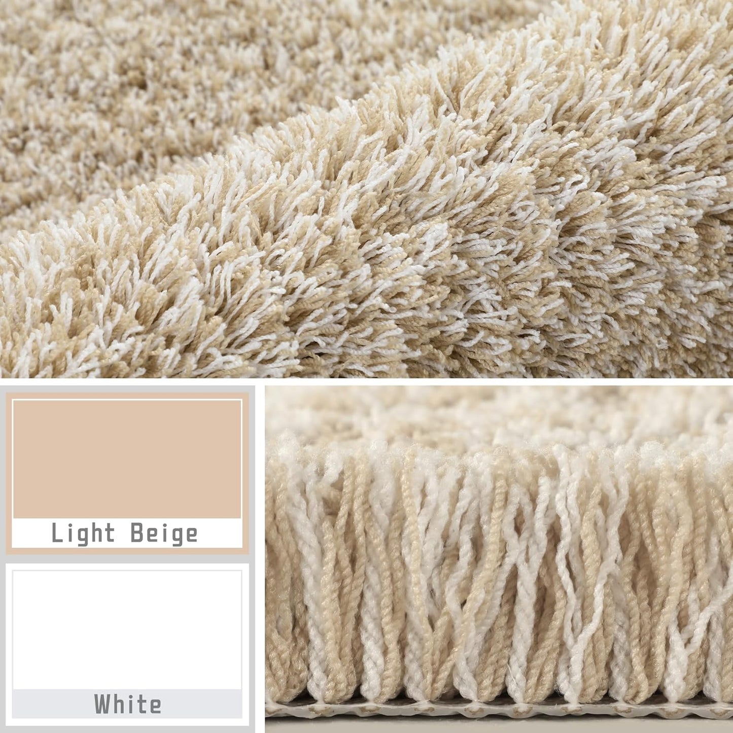 Yimobra Fluffy Plush Bath Rug, Shaggy Soft Comfortable Non Slip, Water Absorbent Microfiber Bath Mat, Dry Quick, Machine Washable Thick Bathroom Floor Rugs for Shower, 44"x 24", Light Beige and White