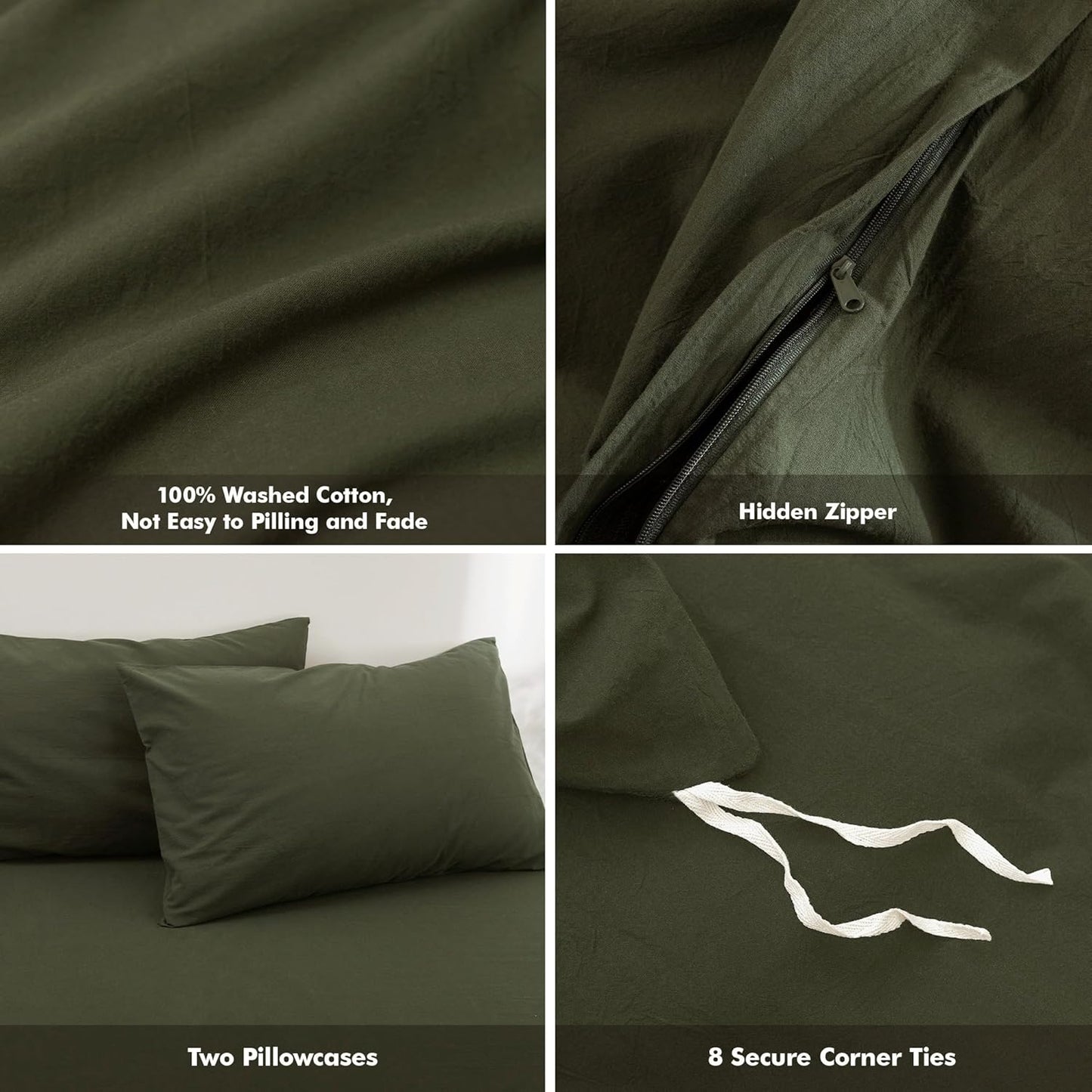 FOSSA Duvet Cover Set 100% Washed Cotton Linen Feel Super Soft Breathable Cozy 3 Pieces Bedding Sets Solid Olive Green Twin