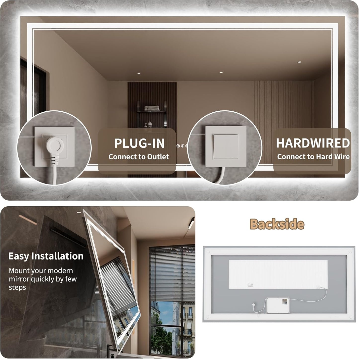 Bathroom Mirror with Lights 36"X72" with Front Light and Backlit, Tempered Glass, Wall Mount Horizontal/Vertical, Stepless Dimmable, 3 Colors, Anti Fog, Bathroom Memory LED Mirror
