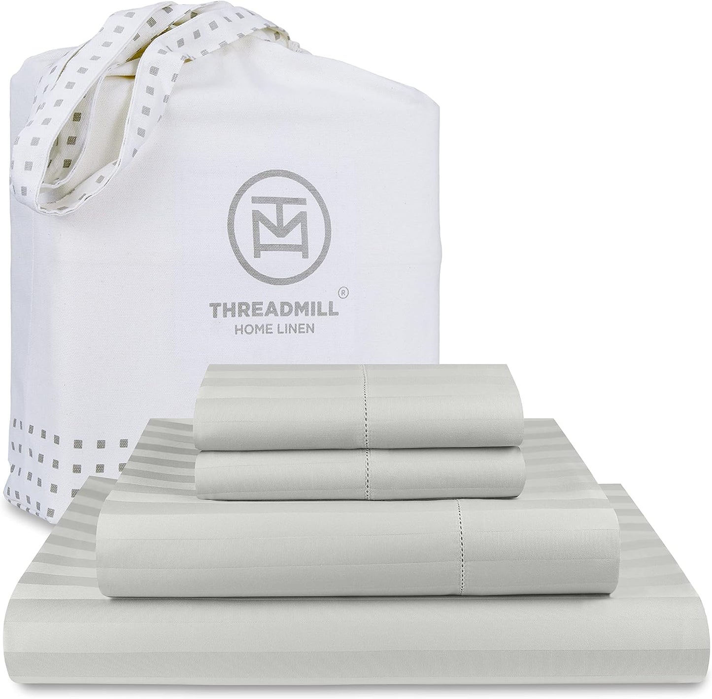Threadmill 500 Thread Count Full-Size Damask Stripe, 4 Pc Luxury Cotton Sheet Set, Breathable Light Grey Sheets with 16" Elasticized Deep Pocket, 2 Pillowcases & Free Tote Bag