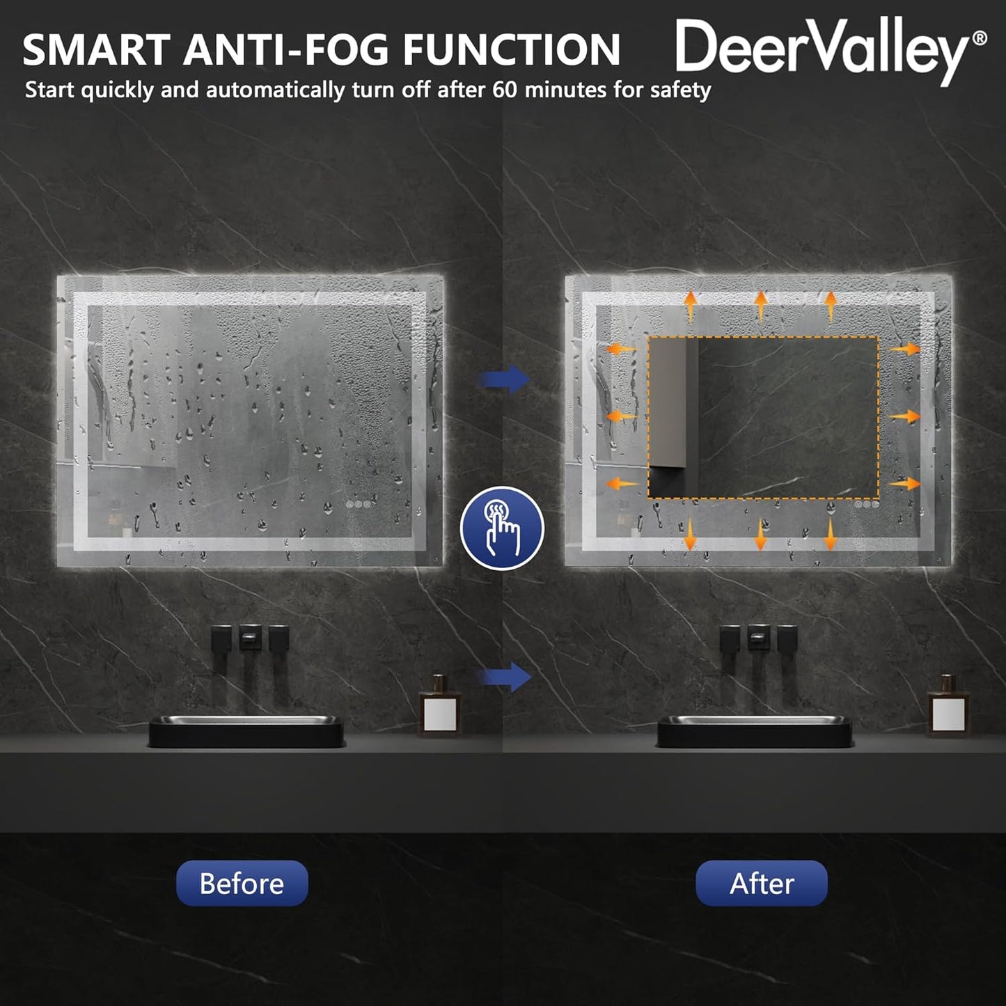DeerValley LED Bathroom Mirror, 40" x 32" Front and Backlit Wall Mounted Bathroom Vanity Mirror, Anti-Fog, 3 Colors Dimmable, Shatterproof, Tempered Glass, Memory Function (Horizontal/Vertical)