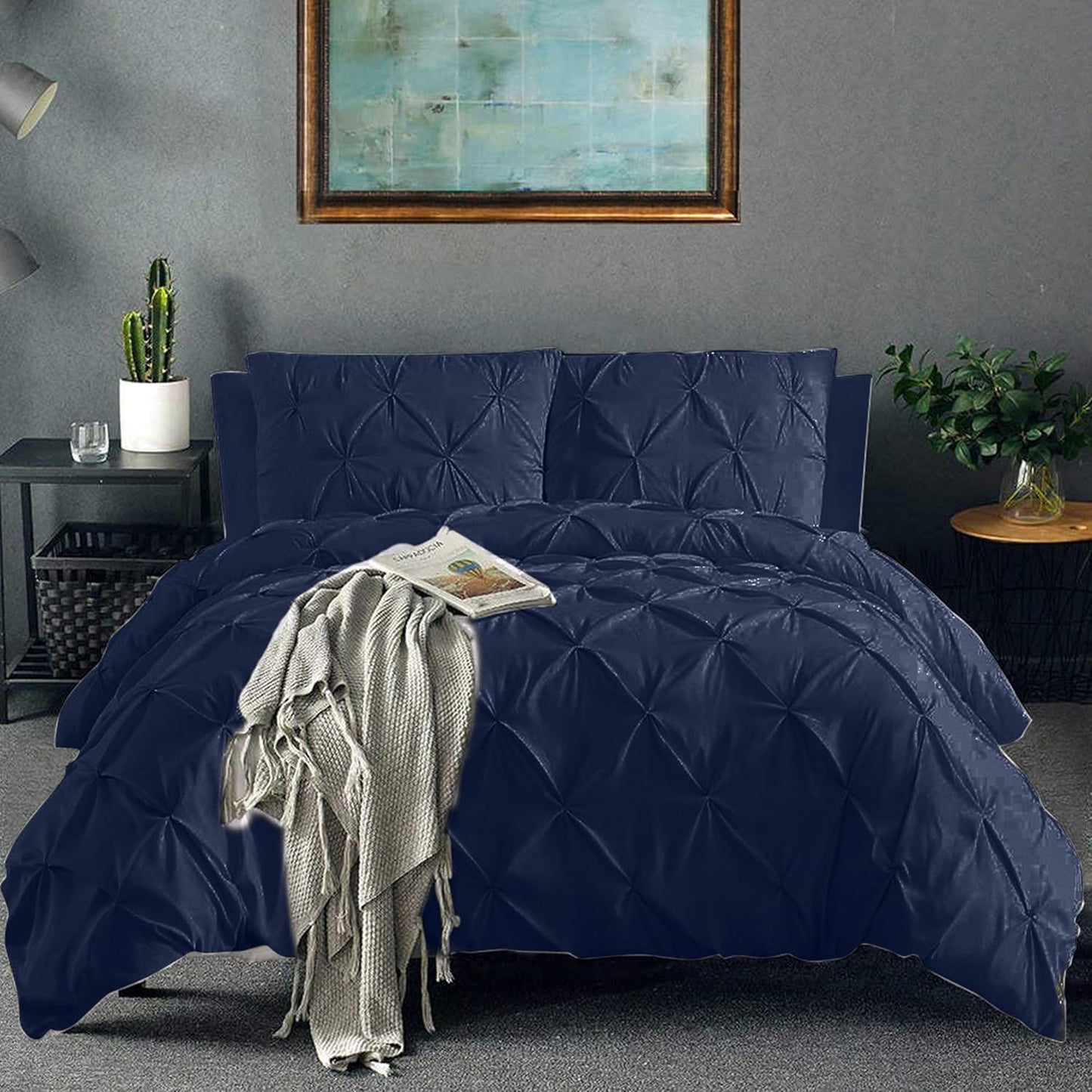 Pinch Pleated Duvet Cover Set 100% Cotton 3PC Oversize Size 98x120 Duvet Cover Set, Decorative Pinch Design Navy Blue Duvet Cover with Matching Pillow Case