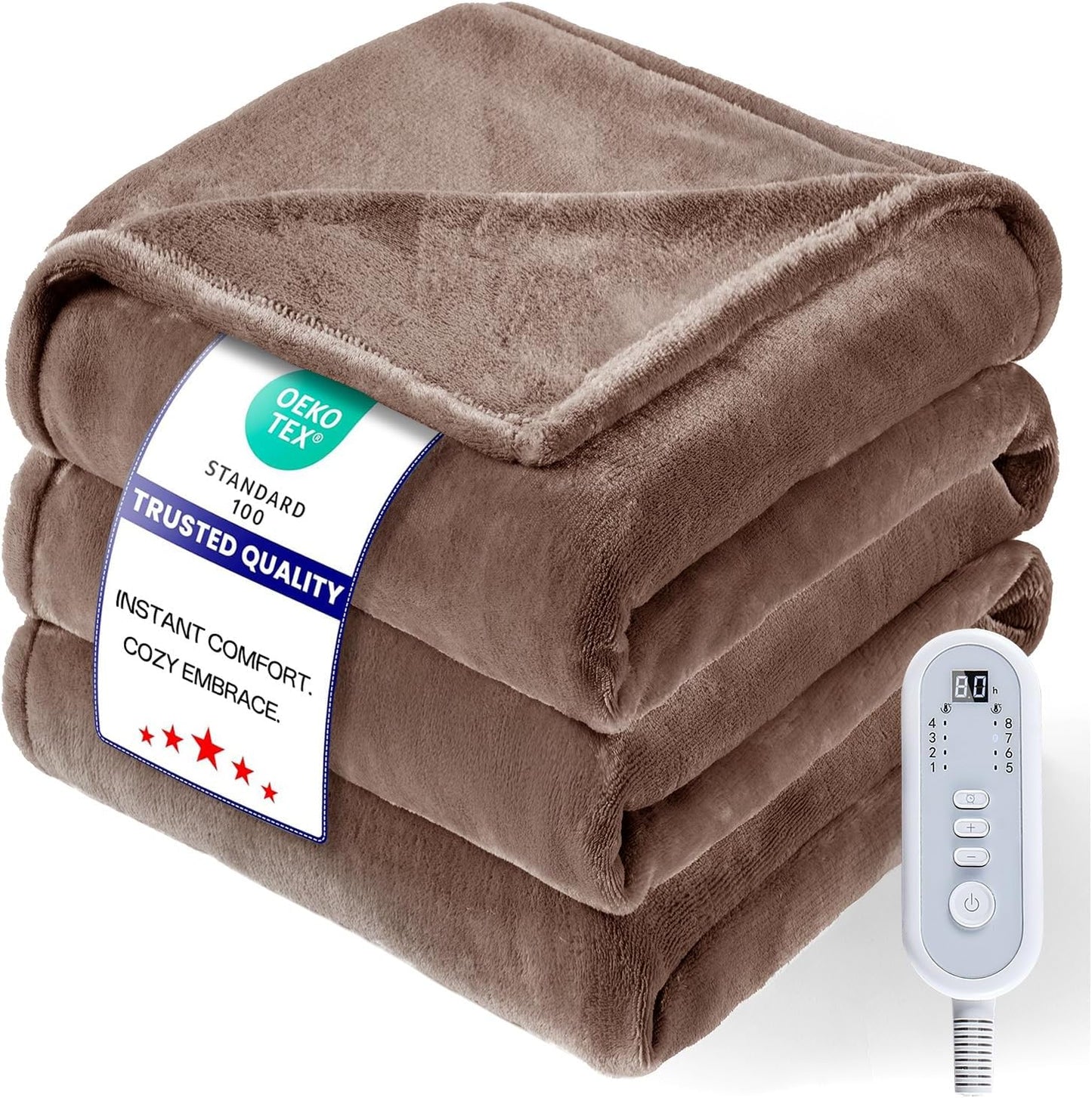 Heated Blanket Twin Size, Electric Blanket with 1-10 hrs Timer Auto-Off & 8 Heating Levels, Double-Layer Flannel Heating Blanket with ETL Certification, Machine Washable (62”x 84”, Brown)