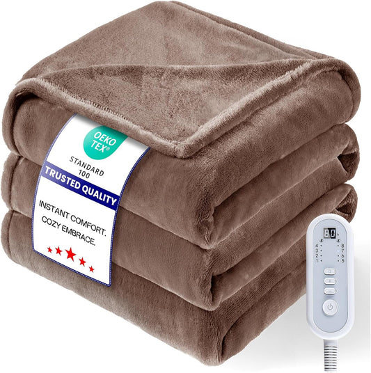 Heated Blanket Twin Size, Electric Blanket with 1-10 hrs Timer Auto-Off & 8 Heating Levels, Double-Layer Flannel Heating Blanket with ETL Certification, Machine Washable (62”x 84”, Brown)