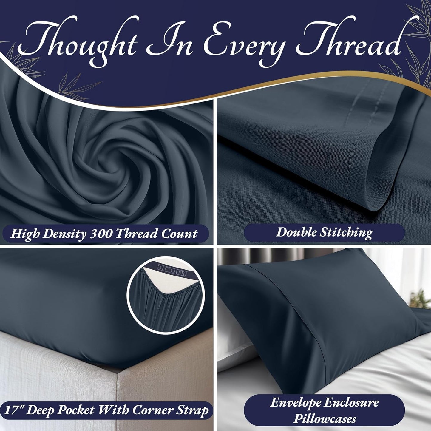 DECOLURE 100% Viscose Derived from Bamboo Sheets Queen Size 4pcs - Ultra Soft & Luxuriously Cooling, 17" Deep Pocket, Double Stitching, Perfect for Hot Sleepers - Queen Bed Sheets (Navy Blue)