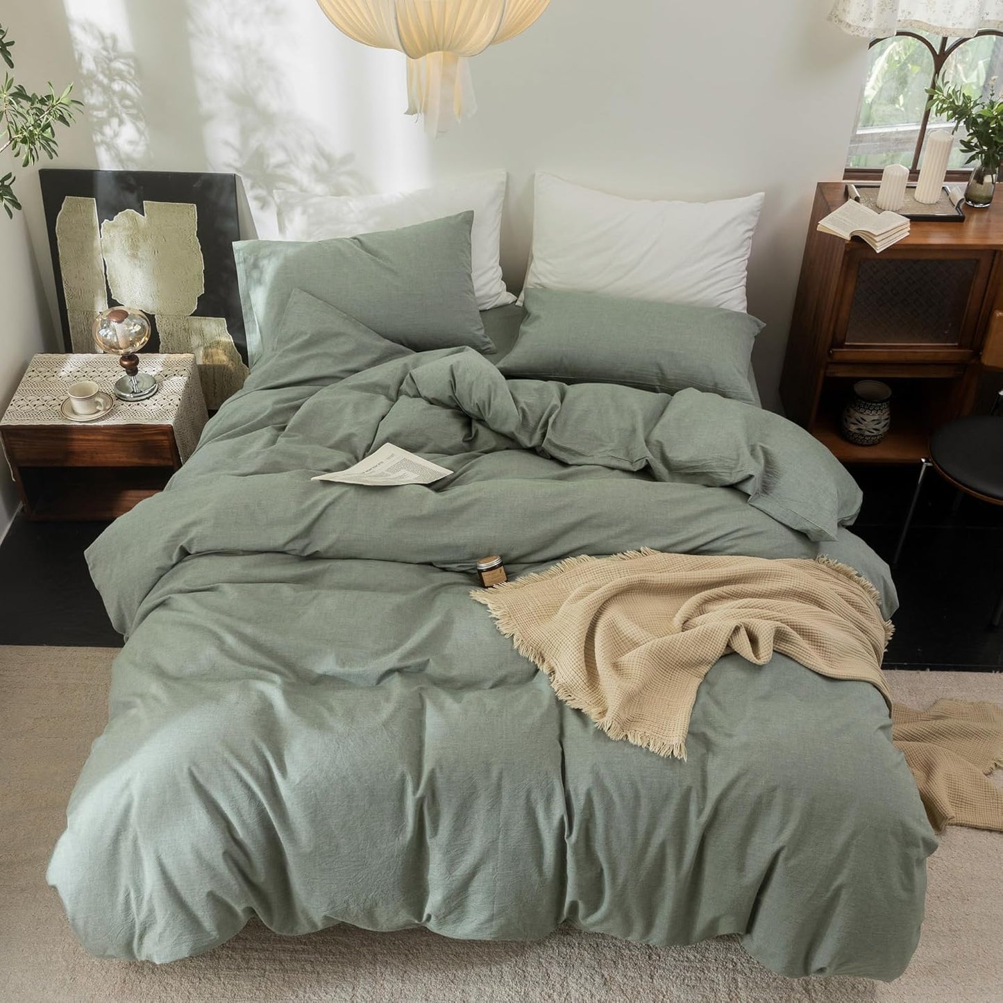 FOSSA Duvet Cover Set 100% Washed Cotton Linen Feel Super Soft Breathable Cozy Simple Style 3 Pieces Bedding Sets Solid Heathered Green Queen