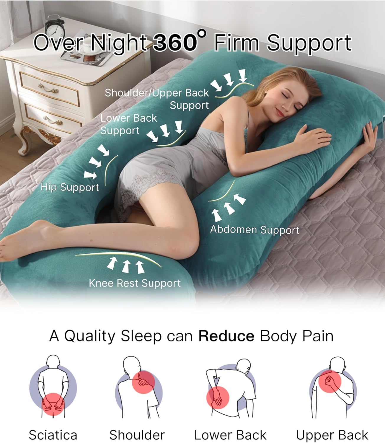 ALLOPERA Pregnancy Pillow, Full Body Maternity Pillow 57 inch, with Removable Washable Cover - Sleep Support for Legs, Back, Neck, Shoulder, HIPS, Belly, Velvet Cover (Dark Green)