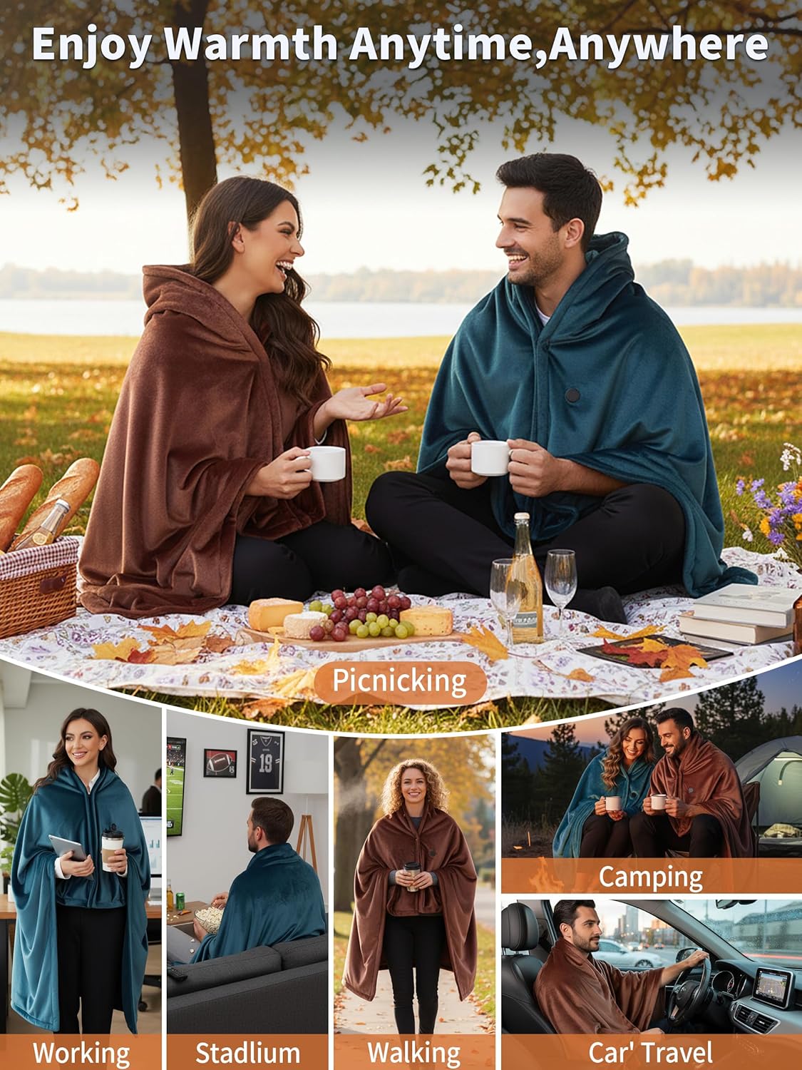 Electric Heated Blanket Battery Operated, Portable Heated Shawl for Neck and Shoulders and Back, Heating Blanket with Zipper and Pockets, 20000mAh, 3 Heating Levels, up to 8 Hours