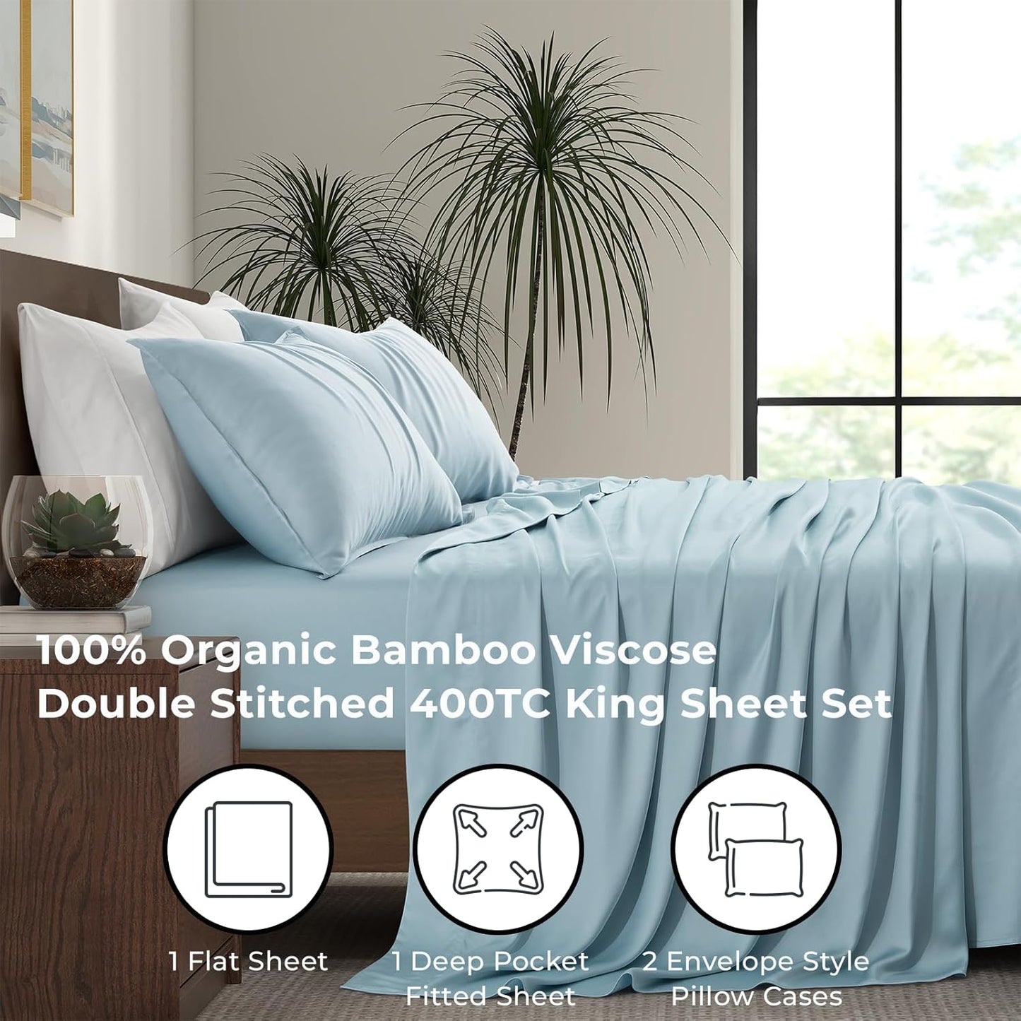 Luxury Bamboo Market | King Size Bed Sheet Set | 100% Viscose Made from Bamboo | Organically Grown | Ultra Soft | Cooling Sheets for Hot Sleepers | 17" Deep Pocket [Spa Blue]