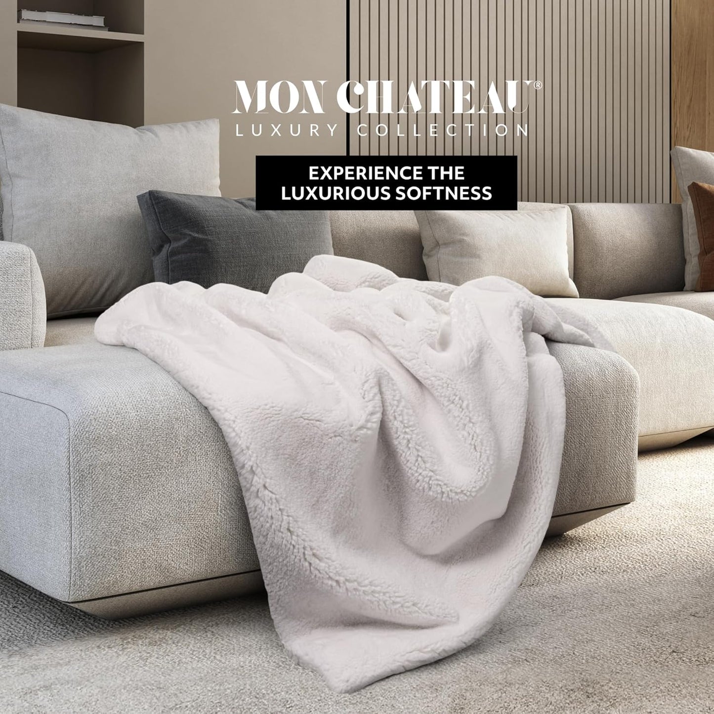 Mon Chateau 60" x 70" Embrace Foldover Faux Fur Throw, Plush Throw with 6cm Foldover for Couch, Sofa, or Bed, Ultra Soft Blanket for Sleeping or Home Decor, Moonlit Cream