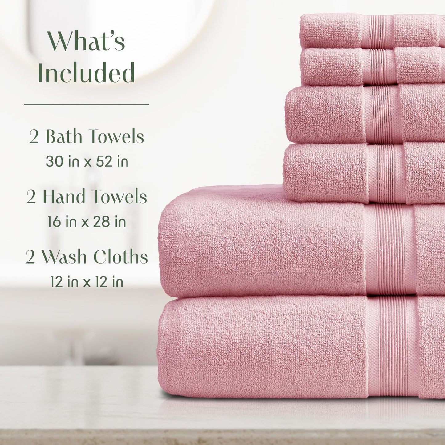 Springtree Home Luxury Bamboo Rayon Bath Towel Set 6 Piece Set | 35% Bamboo Rayon - 65% Cotton | Absorbent Quick-Dry Towels for Bathroom | Oeko-TEX Standard 100 Cotton | Pink Shadow