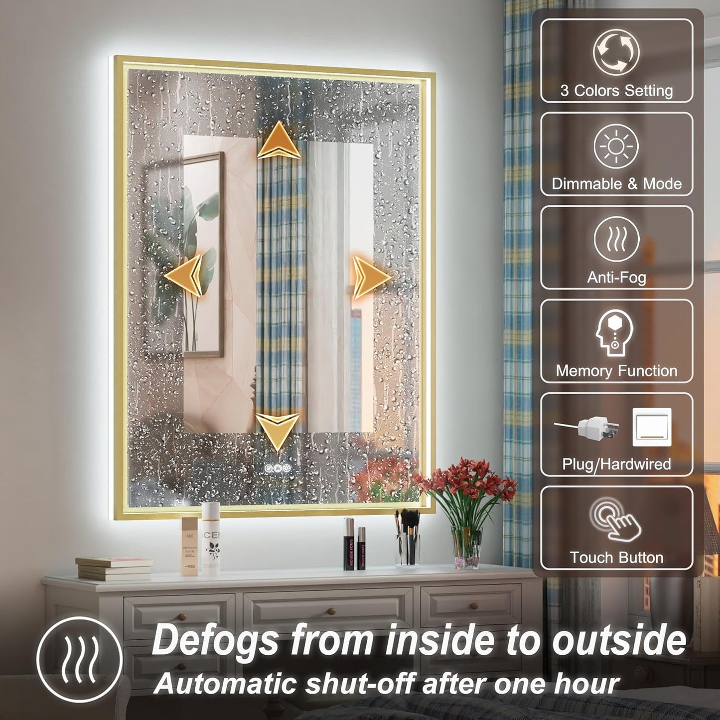 28x36 Inch Gold LED Bathroom Mirror with Front and Back Lights, Adjustable 3000K/4500K/6000K, Wall Mounted Lighted Bathroom Vanity Mirror, Dimmable, Anti-Fog, Horizontal/Vertical