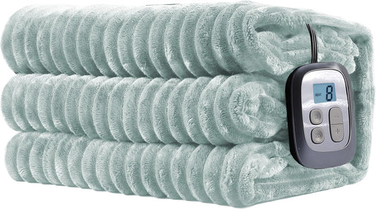 Electric Heated Blanket Full-Size 72x84 Inch - Ultra Soft Silky Flannel with Ribbed Texture, 10 Heating Levels and 12 Hours Auto-Off Feature - Mint Green