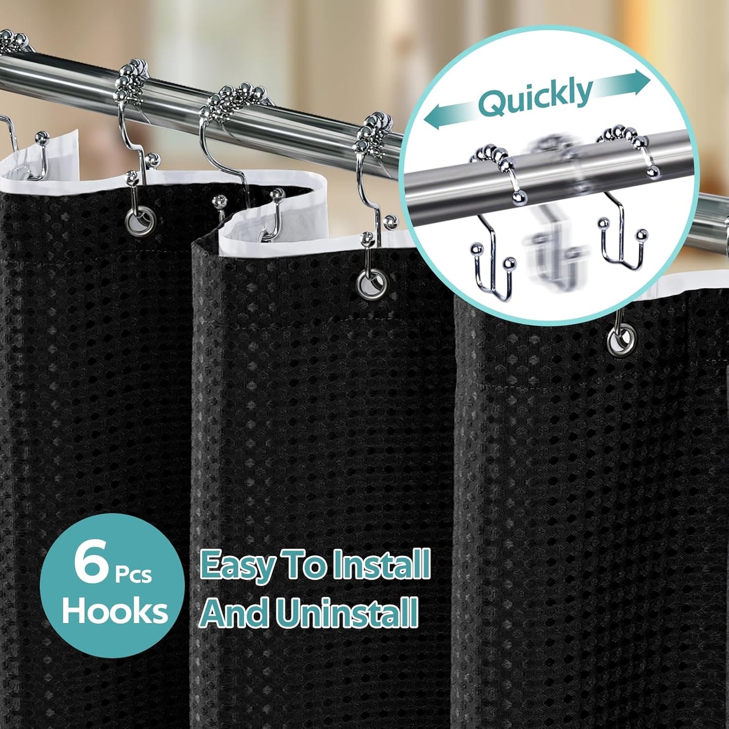 3 in 1 Shower Curtain Set, Waffle Shower Curtain and Liner Set with 6 Double Sided Shower Curtain Hooks, 258GSM Luxury Weighted Cloth Shower Curtains for Bathroom, 36 W x 72 H, Black