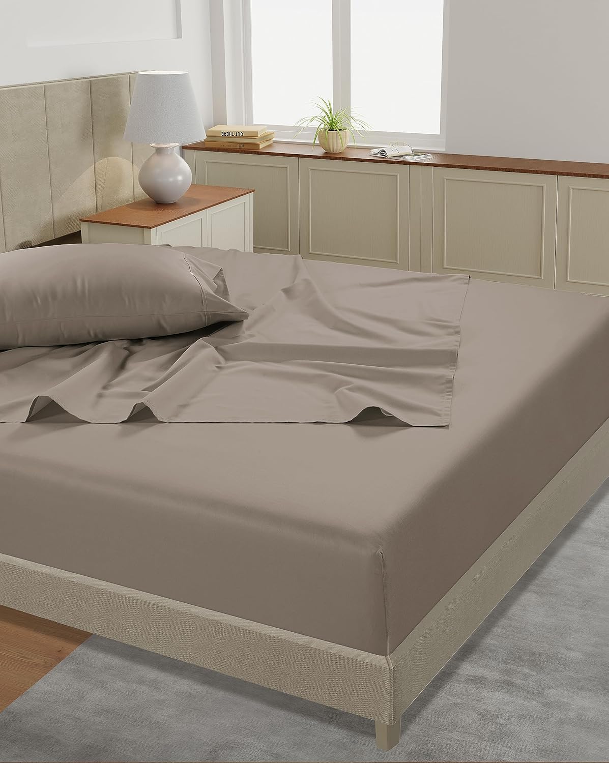 LANE LINEN California King Sheet Set – 450 Thread Count 100% Cotton Sheets, Soft & Breathable Sateen Weave, 15” Deep Pocket Fully Elasticized Fitted Sheet, Machine Washable Hotel Bedding, Taupe