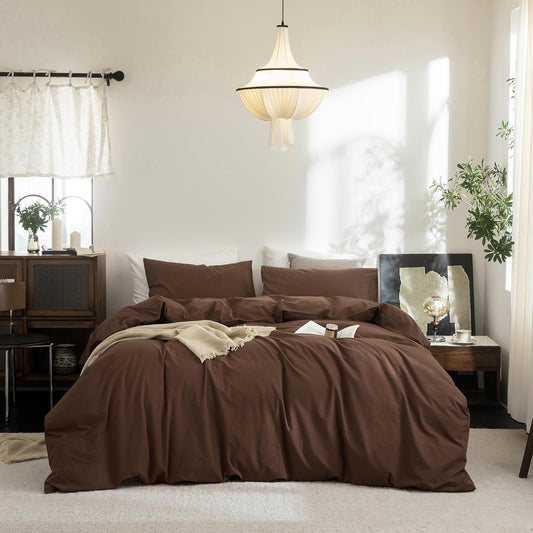 FOSSA Duvet Cover Set 100% Washed Cotton Linen Feel Super Soft Breathable Cozy Simple Style 3 Pieces Bedding Sets Solid Cocoa Brown Oversized King Plus