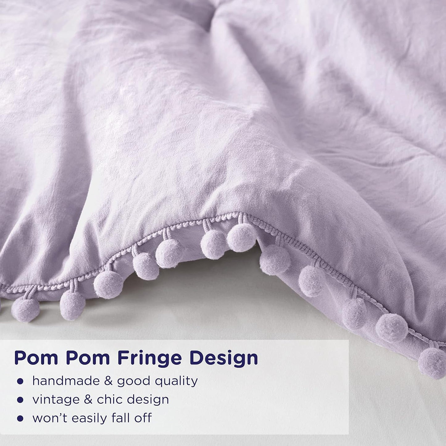 Codi Lavender Purple Full/Queen Comforter Set - Boho Aesthetic Bedding with Luxurious Pom Fringe, Soft Washed Microfiber 3pc Set, Couple-Friendly Lightweight Design, 1 Comforter & 2 Pillow Shams