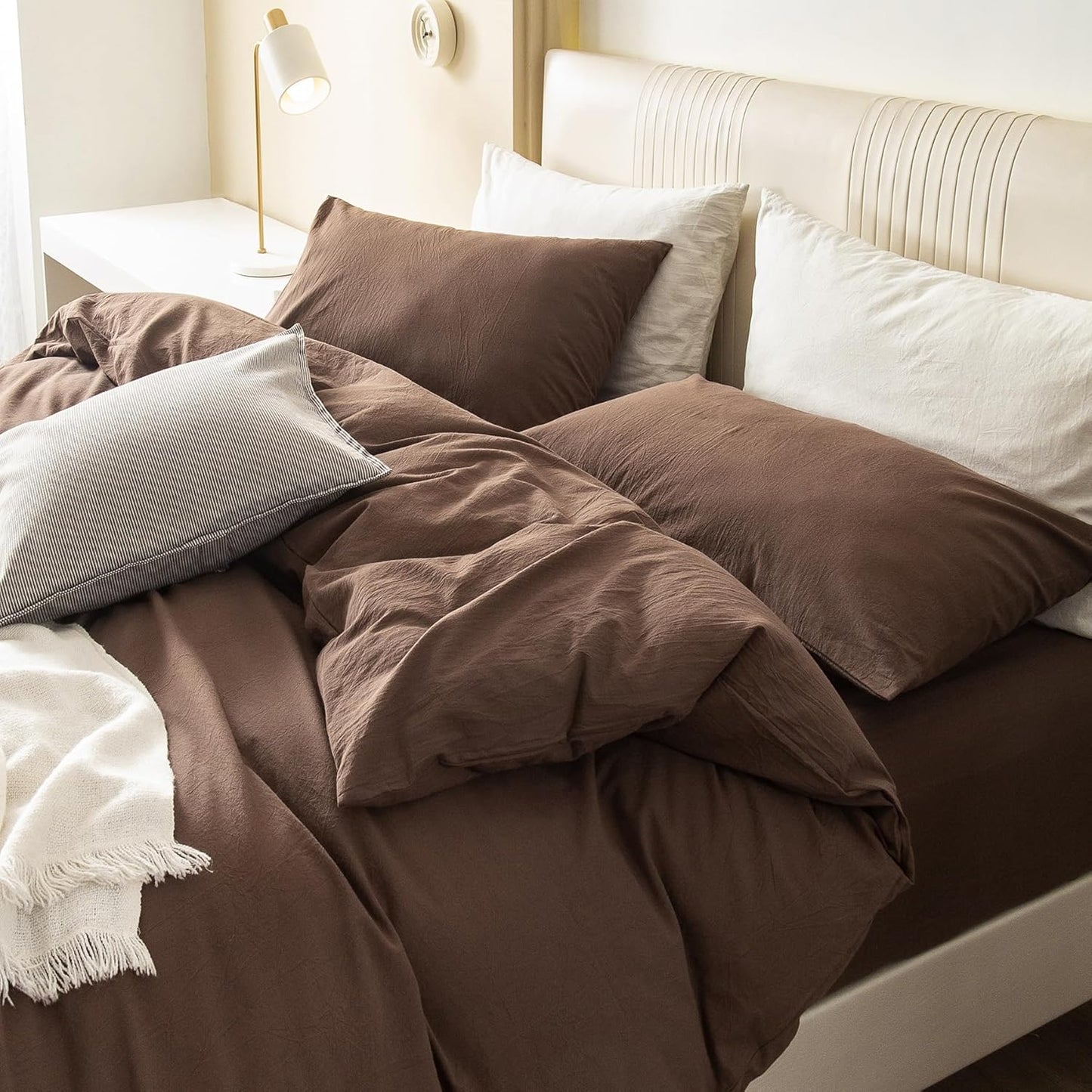 JIYUAN 100% Washed Cotton Duvet Cover Set 3 Pieces Super Queen, 1 Duvet Cover 90x98 Inches(Comforter Not Included) and 2 Pillowcases,Linen Feel Bedding Set Comfy and Breathable,Chocolate Brown