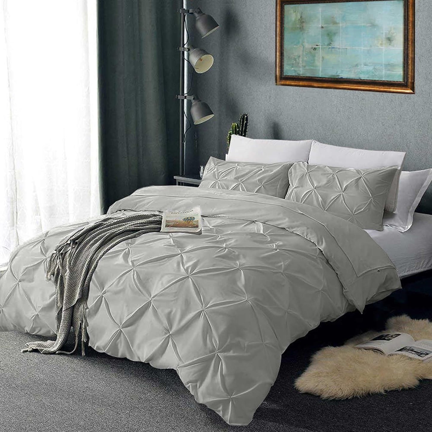 Pinch Pleated Duvet Cover Set 100% Brushed Microfiber 3PC Full Size 80x90 Duvet Cover Set, Decorative Pinch Design Silver Grey Duvet Cover with Matching Pillow Case