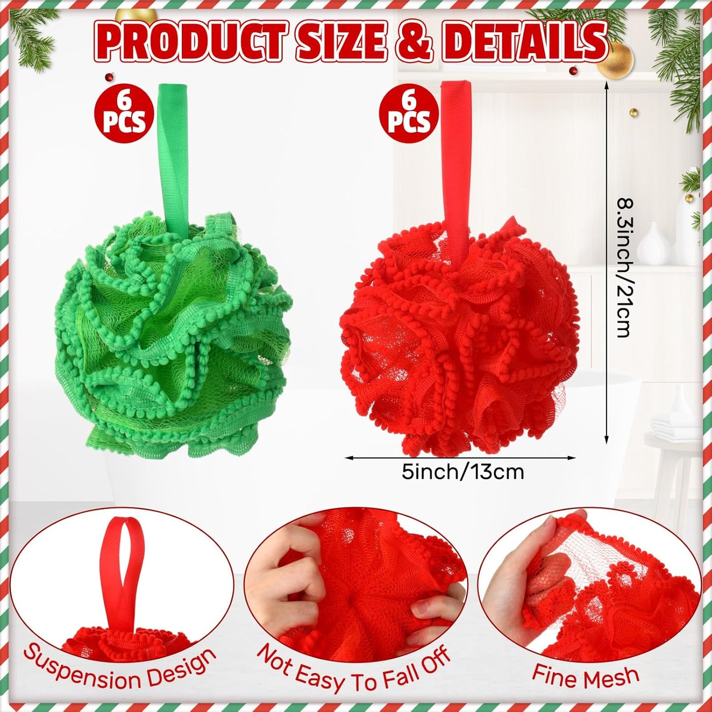 Duraaamo 12 Pcs Christmas Bath Loofah Sponge, Red Green Exfoliating Body Scrubber 50g Bath Shower Loofah Sponge Pouf Puff Mesh Shower Pouf Balls Soft Quick-Dry Cleanse Skin Accessories for Women Men
