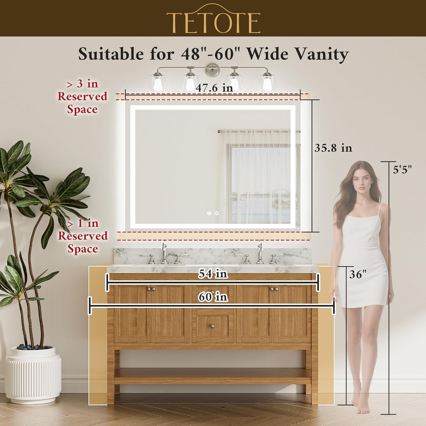 TETOTE LED Bathroom Mirror with Lights 48 x 36 Brighter Light up Mirror for Bathroom Vanity, Front and Backlit Lighted Antifog Mirror Wall Mounted, 3-Color Dimmable, Waterproof, Tempered Glass