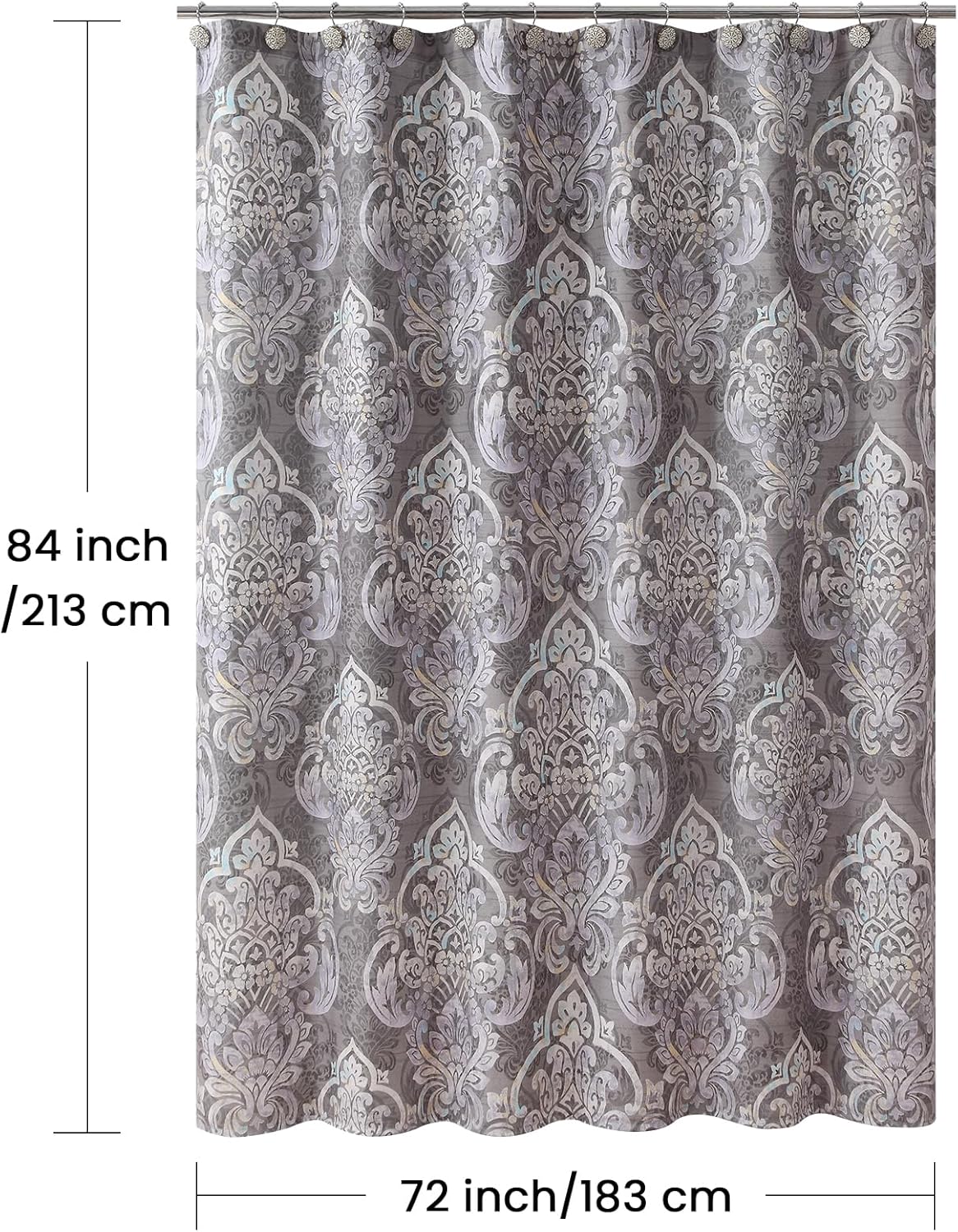 Extra Long Shower Curtain 84 Inch, Gray Bath Curtain with Purple Baroque Medallions, Waterproof Hotel Quality Fabric, 72" W x 84" H