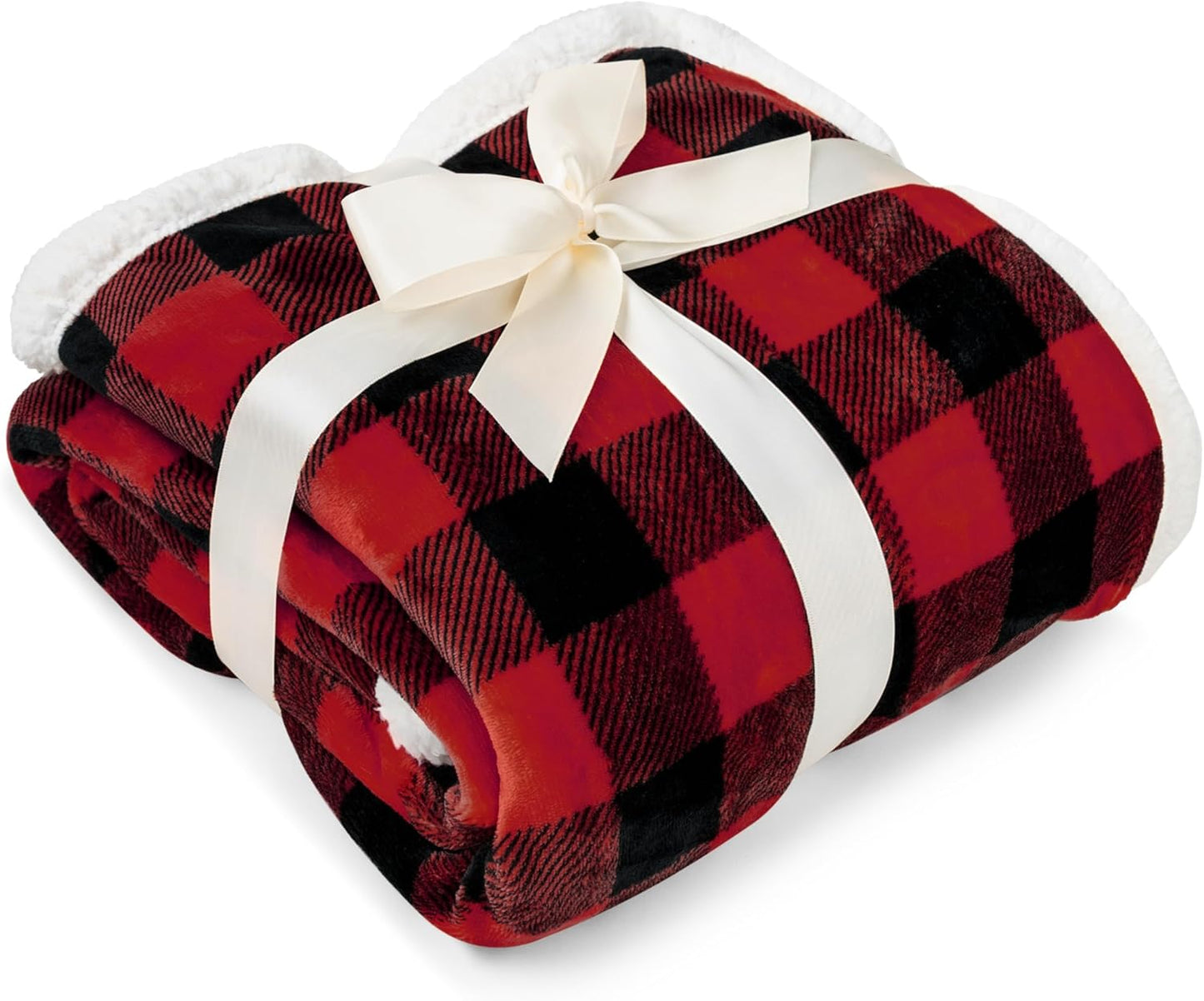 PAVILIA Buffalo Check Sherpa Blanket Throw King,Red Black Checkered Flannel Fleece Blanket,Christmas Plaid Warm Plush Microfiber Blanket for Couch Sofa,90x108 Inches