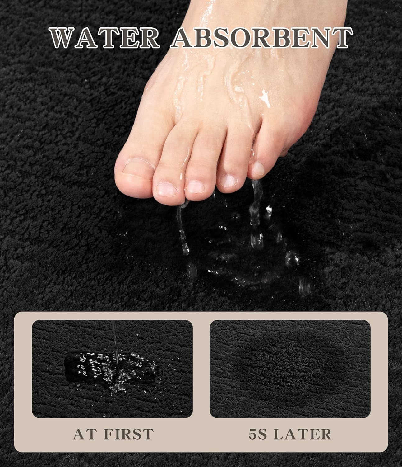 chakme Bathroom Rug Sets 5 Piece, Ultra Thin Bath Mat Quick Dry, Absorbent, Non Slip, Machine Washable, Black