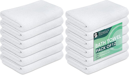 (Pack of 12 White Bath Towels Bulk 22x44 Inches -Economy Cheap Bath Towels for Commercial Uses, Gym, Salon, Spa & Hair -Lightweight Bath Towels Quick Drying -Bath Towels Sets Bulk