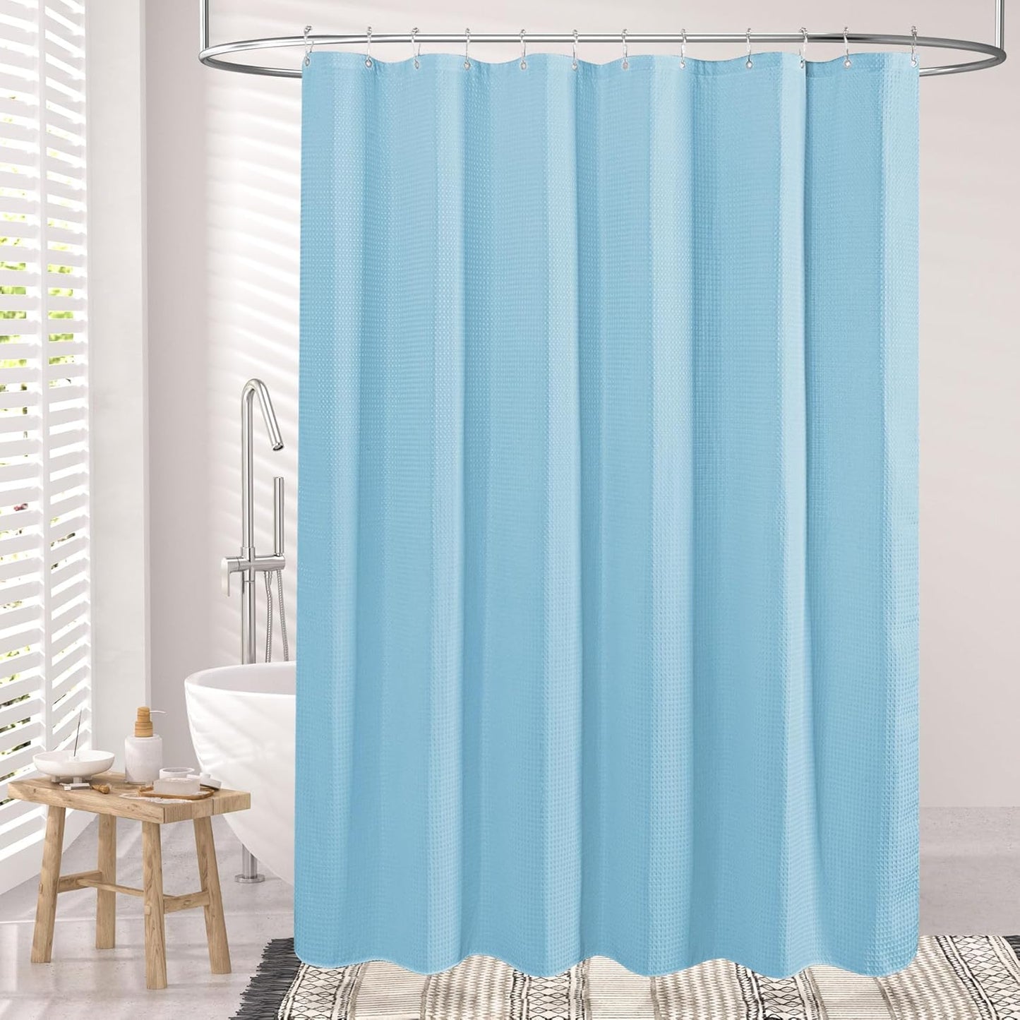 AmazerBath Baby Blue Shower Curtain Fabric, Waffle Shower Curtain Polyester, Heavy Duty 240GSM, Hotel Quality Bathroom Shower Curtains, 72 x 72 Inches