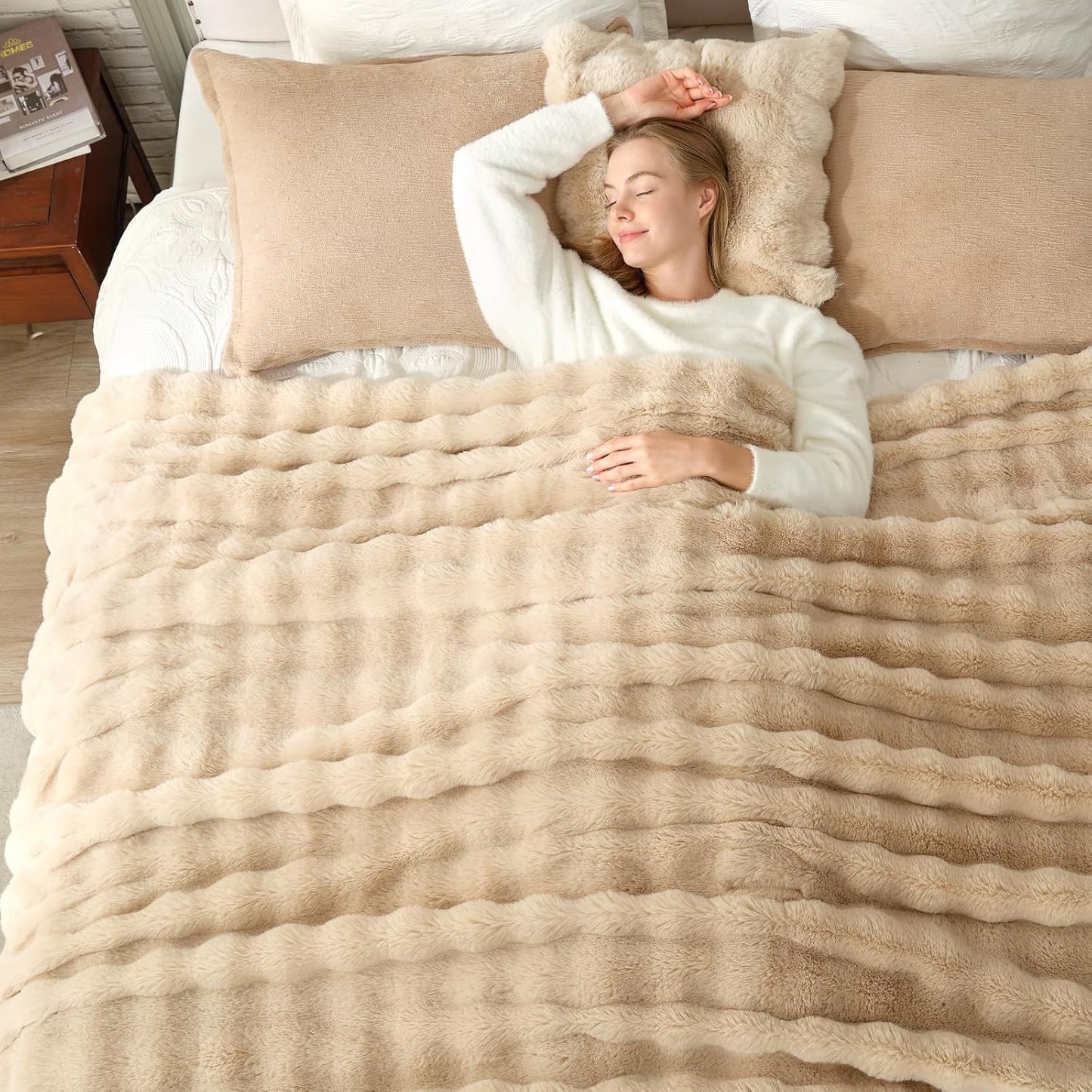 Cozy Bliss Faux Fur Throw Blanket for Couch, Bubble Plush Blanket Queen Size, Fuzzy Soft & Thick Blanket for Bed Sofa Living Room, 90x90 Inches Beige