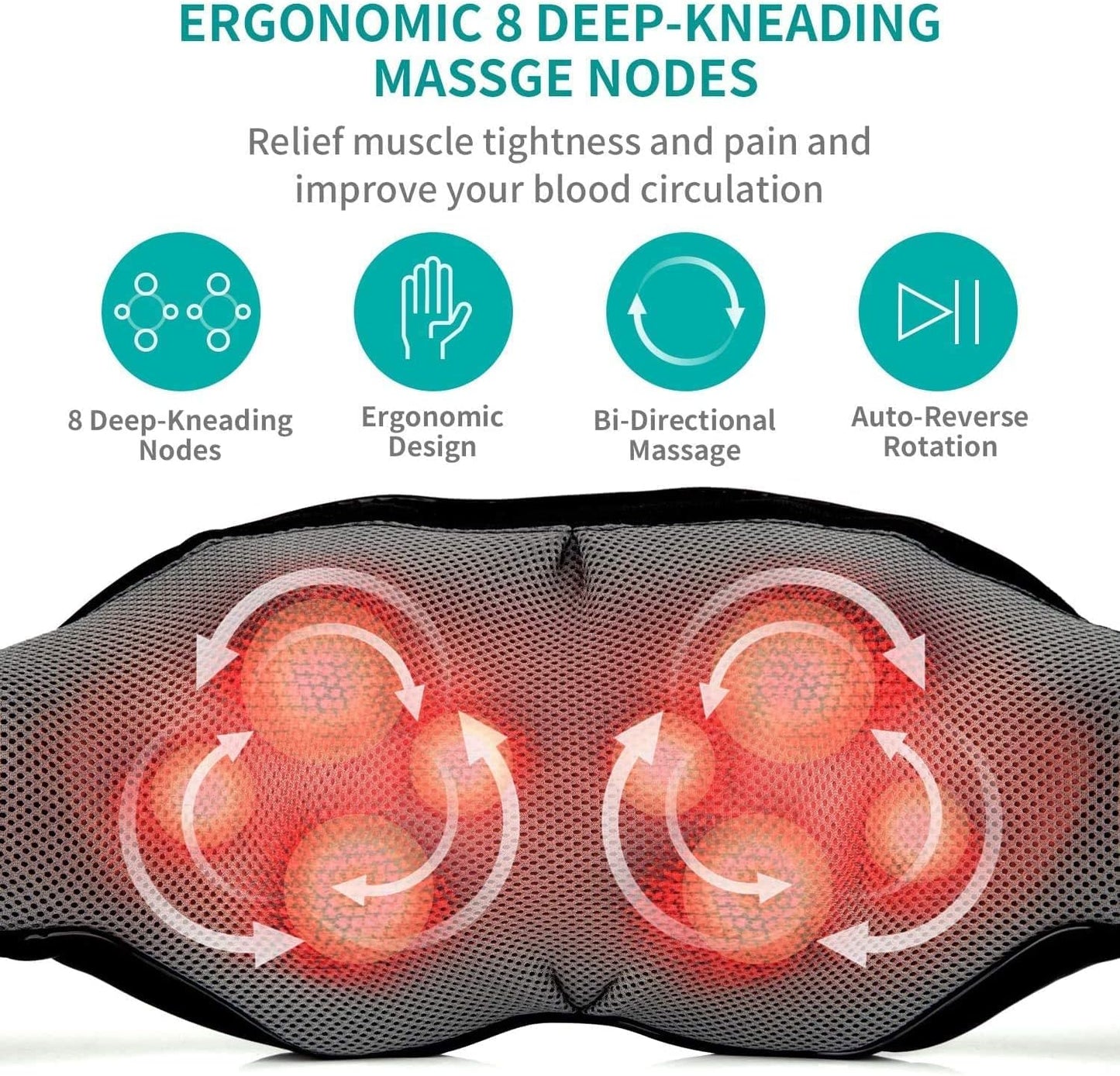 Nekteck Shiatsu Neck Massager for Pain Relief Deep Tissue with Heat, 3D Kneading Massage Pillow Back Shoulder Massagerfor Body Muscle, Plug-in Use for Home Office Car, Gifts for Mom Dad Him Her