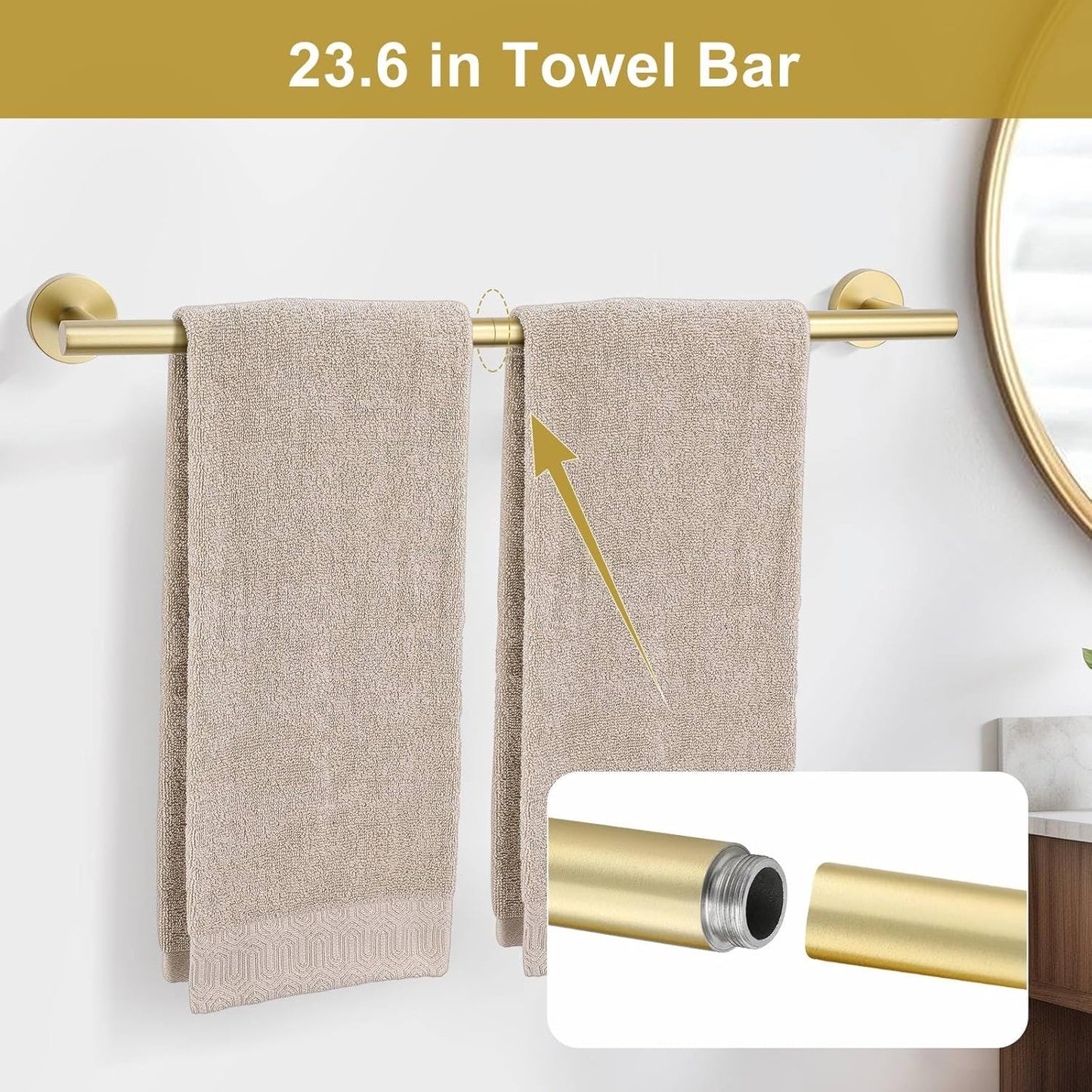 5 Pieces Brushed Gold Towel Bar Set, Upgraded Round Bathroom Hardware Accessories Set, Toilet Paper Holder Towel Holder Set for Bathroom Stainless Steel Wall Mounted 23.6Inch