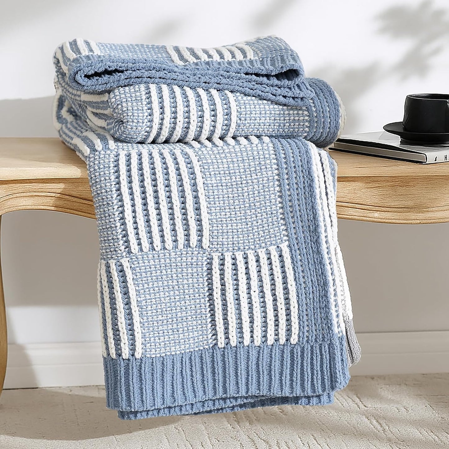 Amélie Home Checkered Knit Throw Blanket for Couch, Chenille Texture Decorative Soft Blanket for Sofa & Chair, 50"x60", Blue & White