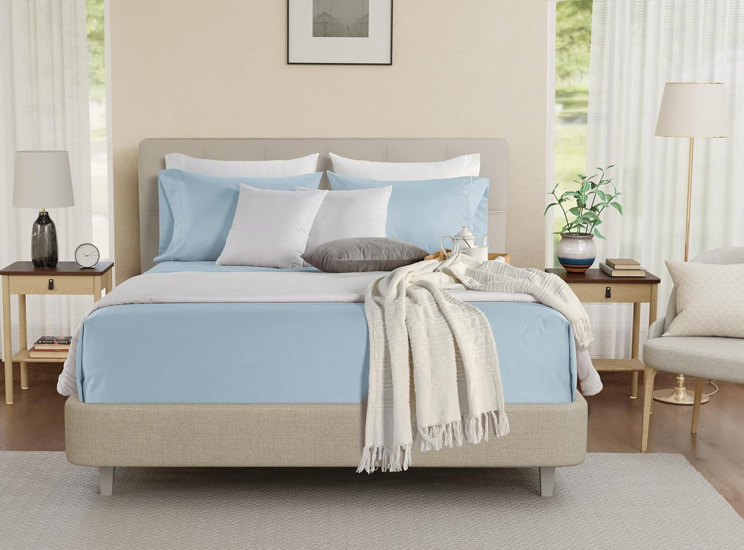 100% Egyptian Cotton Sheets King Size, 800 Thread Count 4 Piece Breathable Bed Sheet Set, 15" Deep Pocket King Sheets Cotton, Solid Sateen Weave Luxury Hotel Collection, No Pill & Shrink- Light Blue