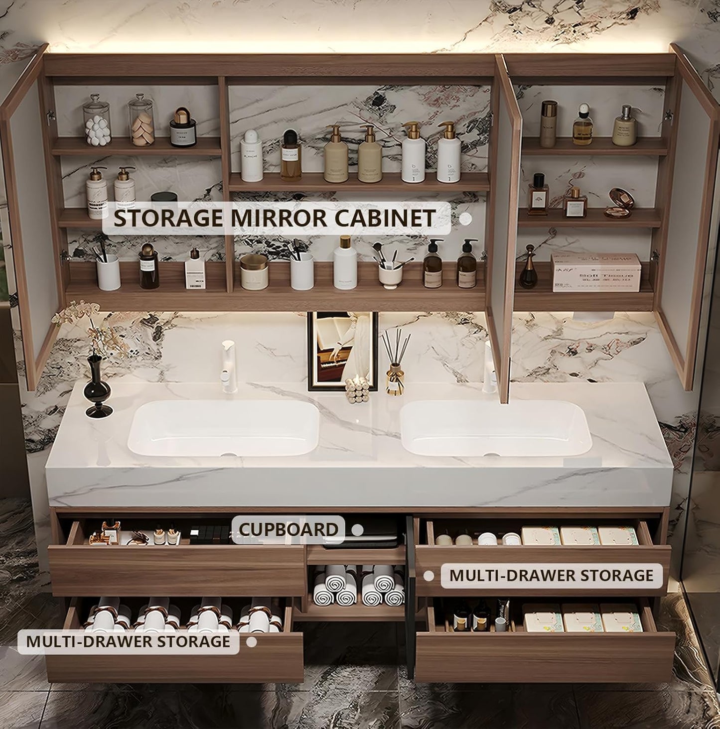 88IN Bathroom Vanity with Double Sink, Modern Bathroom Vanity with LED Smart Defog Mirror Cabinet & Integrated Ceramic Sink, Floating Vanities with Drawers and Glass Cabinet Door (Grey Wood)