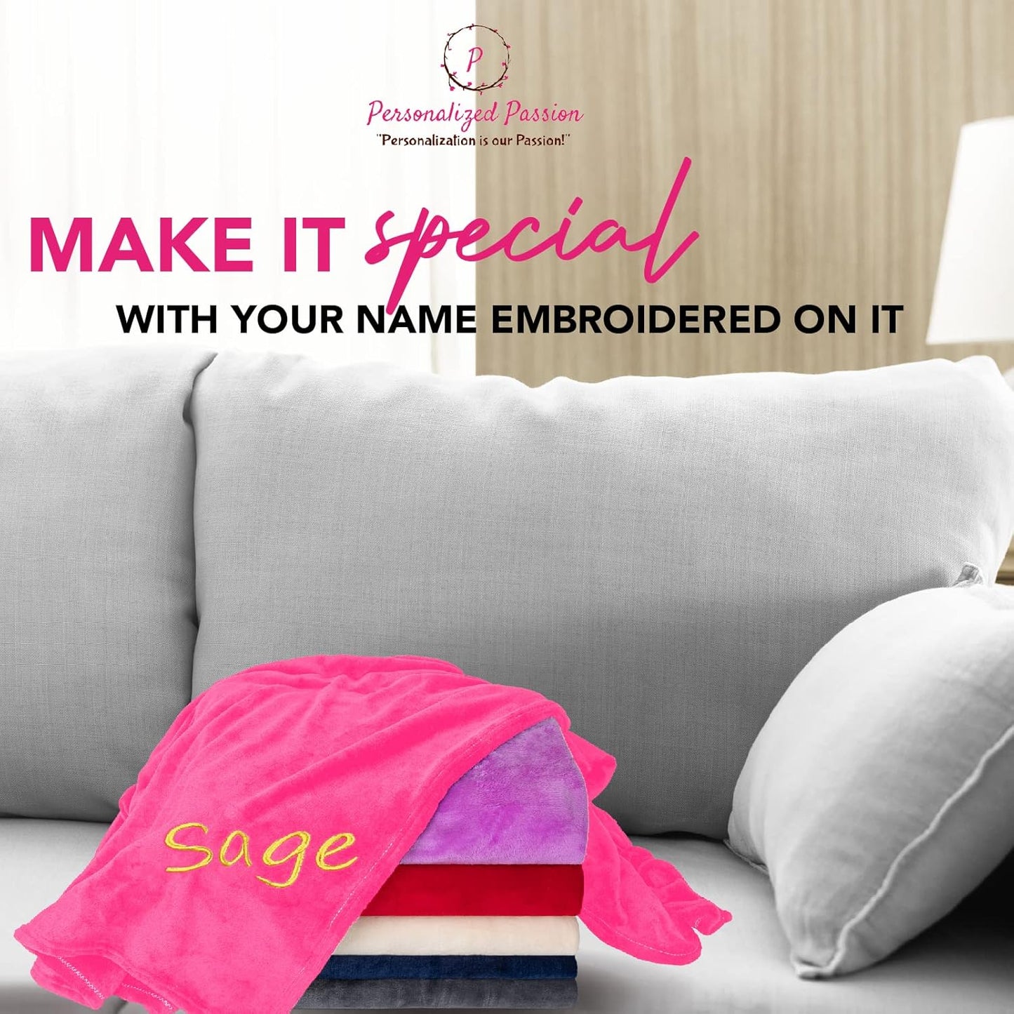 Personalized Blankets for Adults - Custom Blanket with Embroidered Name or Monogram - Soft Fleece Throw Cover for Bed & Couch - Hot Pink (60"x80")