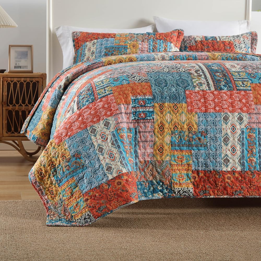 ENASAL Cotton Bedspread Quilt Bedding Sets Reversible Coverlet Comforters Vintage Bohemian Patchwork Pattern Bedspread for All Season, King Size