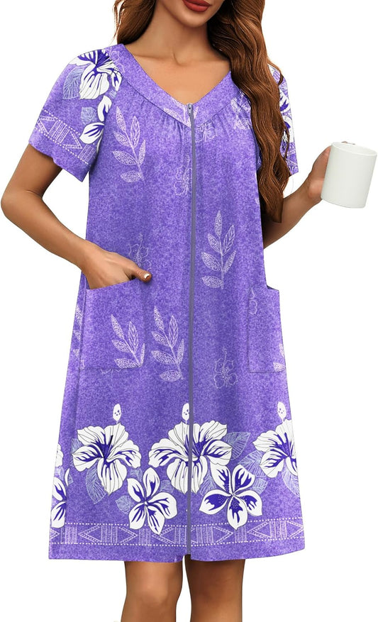 Ekouaer Women Robe Zipper Front Mumu Duster Robes Zip Up Housecoat Soft Sleepwear with Pockets S-3XL