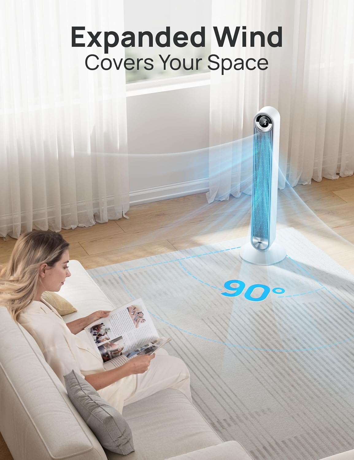 Dreo Tower Fan for Bedroom, Upgrated DC 9 Speeds Ultra-Quiet Floor Fan, 90° Oscillating Fans for Indoors with 28ft/s Velocity, 12H Timer, Standing Fans, Bladeless Fan Powerful for Home Office Room