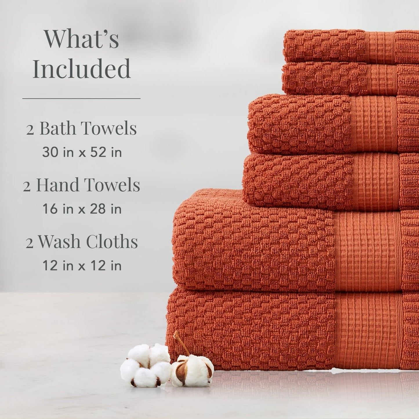 NY Loft 100% Cotton Towel Set 6 Piece Towel Set | Super Soft & Absorbent Quick-Dry 2 Bath Towels 2 Hand Towels & 2 Washcloths |Textured and Durable Cotton | Trinity Collection (6 Piece Set, Clay)